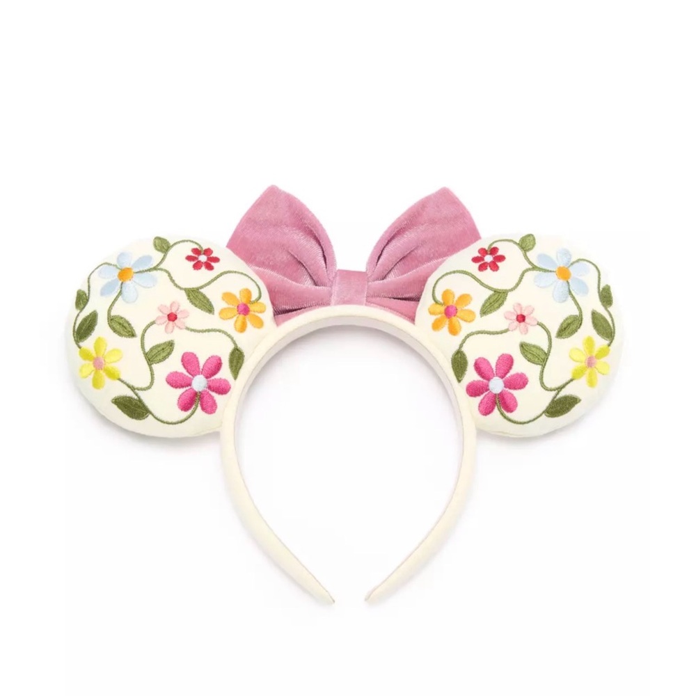 BaubleBar Pink Velvet Bow Floral Embroidered Mouse Ear Headband - Picture 2 of 3
